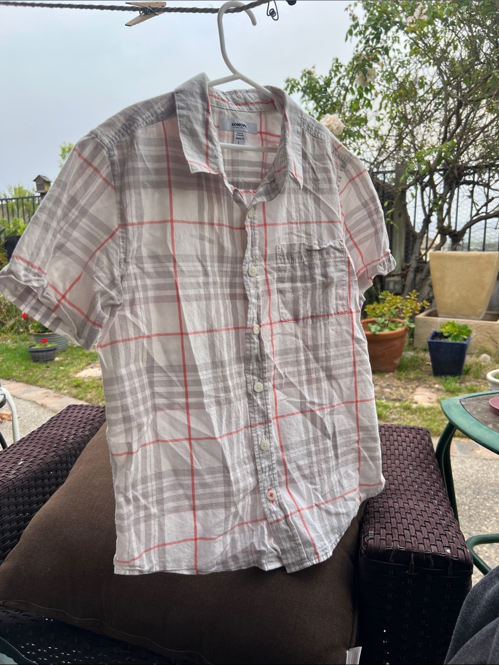 Sonoma Gray and Coral Plaid Short-Sleeve Button-Down Shirt